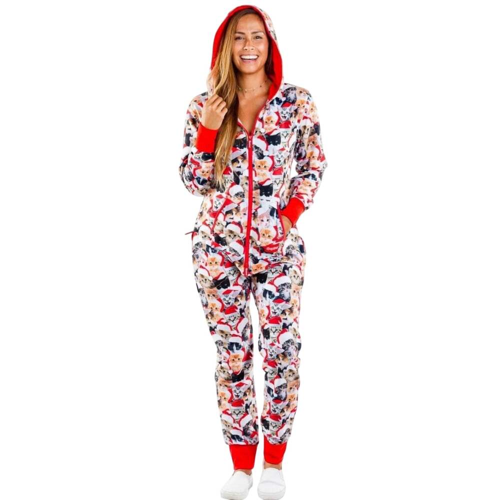 Tipsy Elves Onesie Pajama Jumpsuit, Santa Cat Christmas Holiday, Unisex Medium